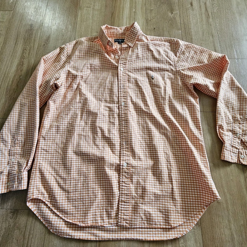 RALPH LAUREN Orange Gingham Plaid 100% Cotton Button-Up Shirt XLT Tall